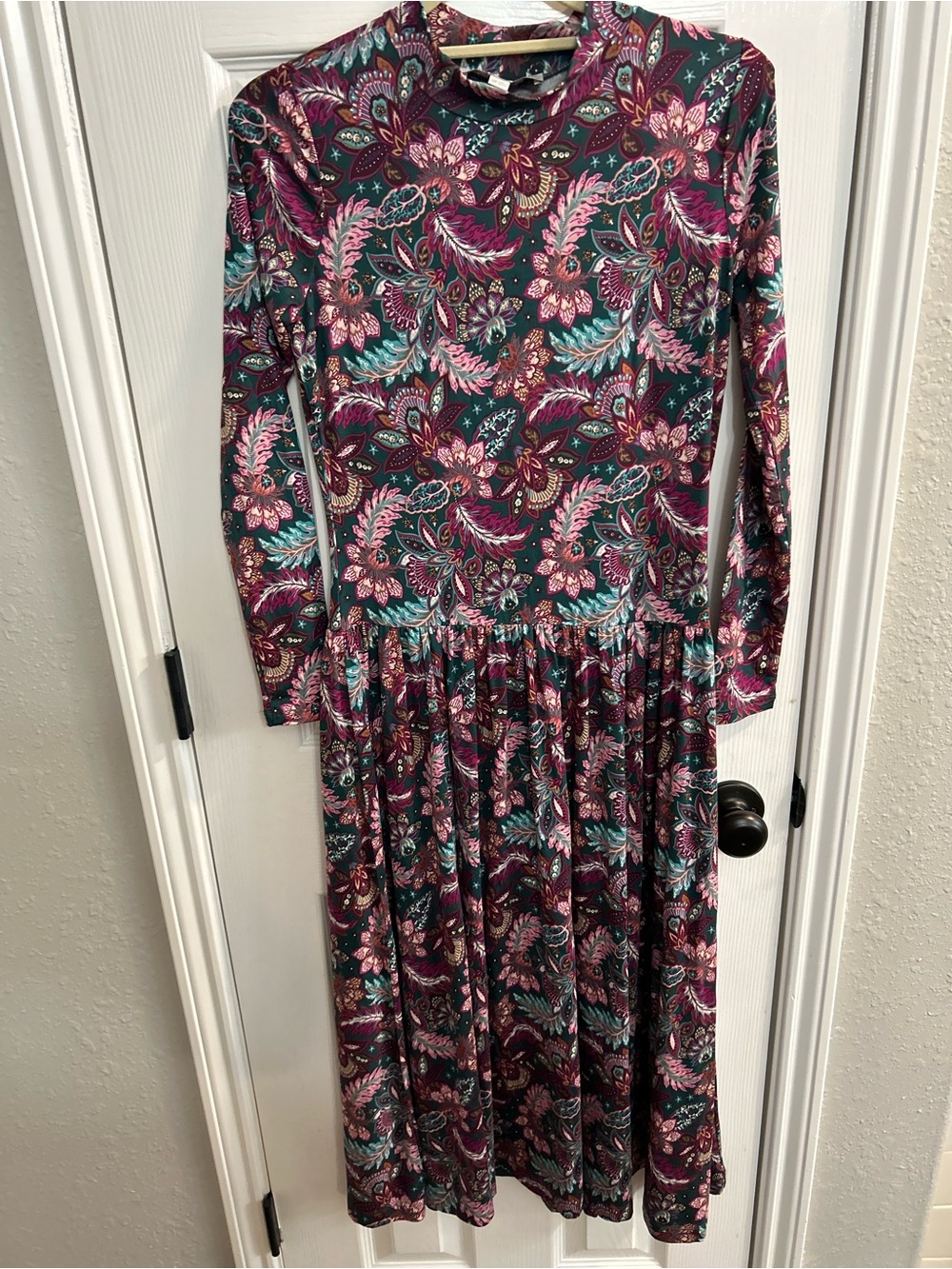 Loft Burgundy Floral paisley Long Sleeve Midi Dress XSP extra small petite nwt